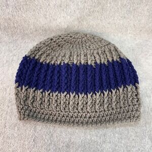 Crochet Striped Mens Grey Blue Handmade Beanie Winter Knit Hat OSFM